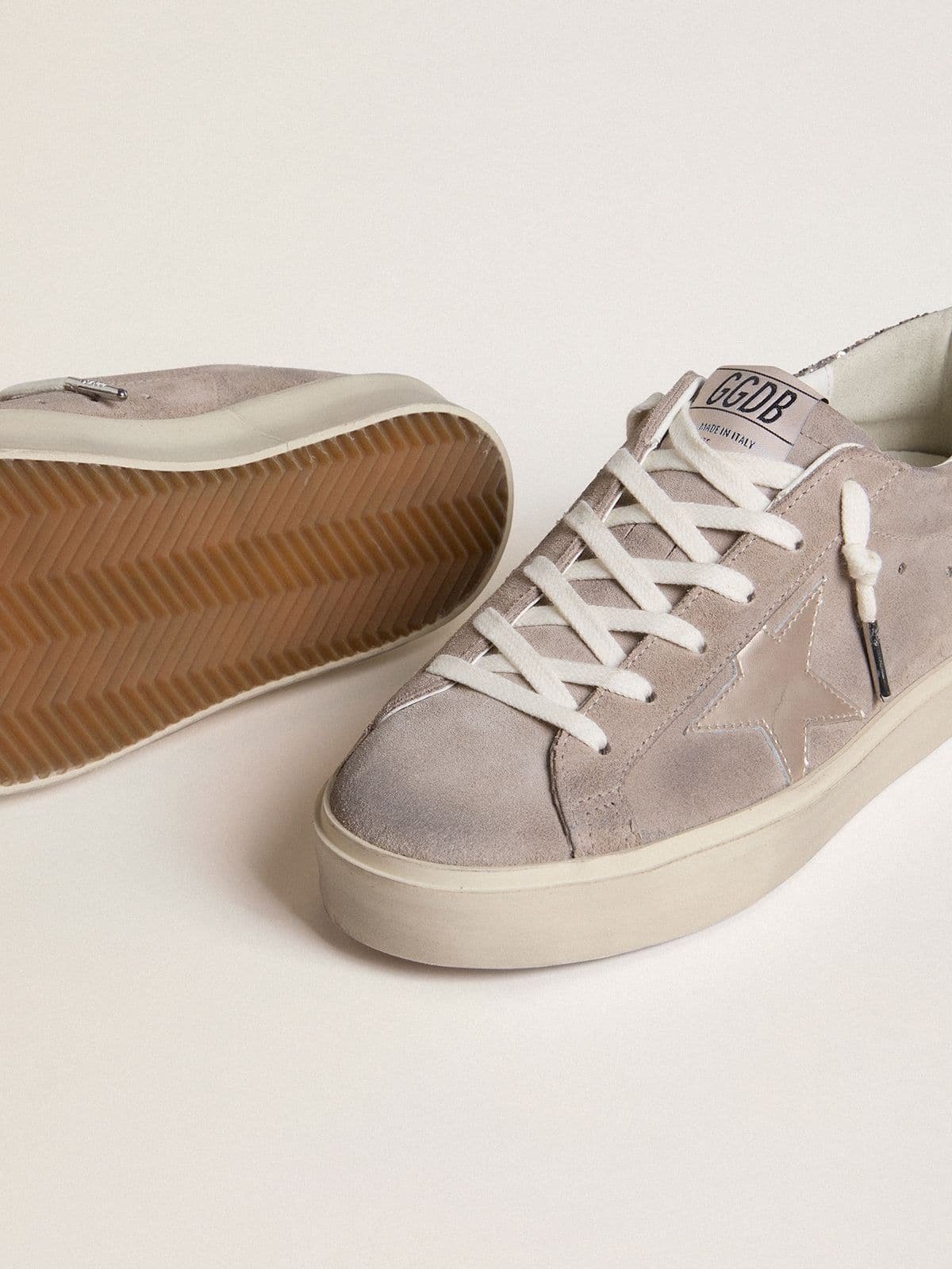 Women’s Hi Star sneakers in beige suede with laminated leather star and glitter heel tab - Golden Goose Women