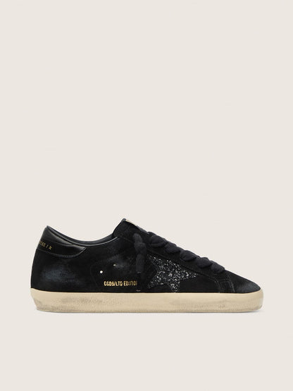 Women's Super-Star LTD in black suede with black glitter star and black leather heel tab - Golden Goose Women