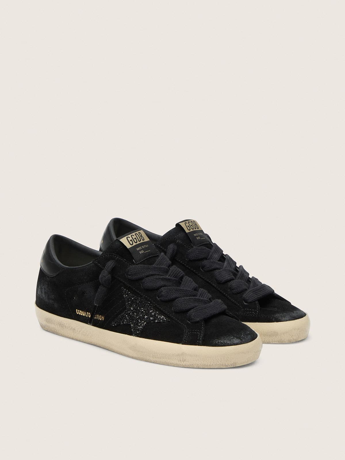 Women's Super-Star LTD in black suede with black glitter star and black leather heel tab - Golden Goose Women