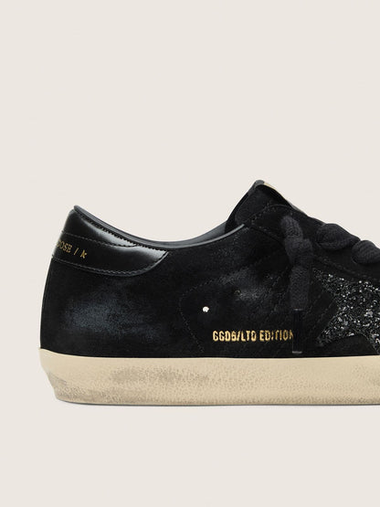 Women's Super-Star LTD in black suede with black glitter star and black leather heel tab - Golden Goose Women