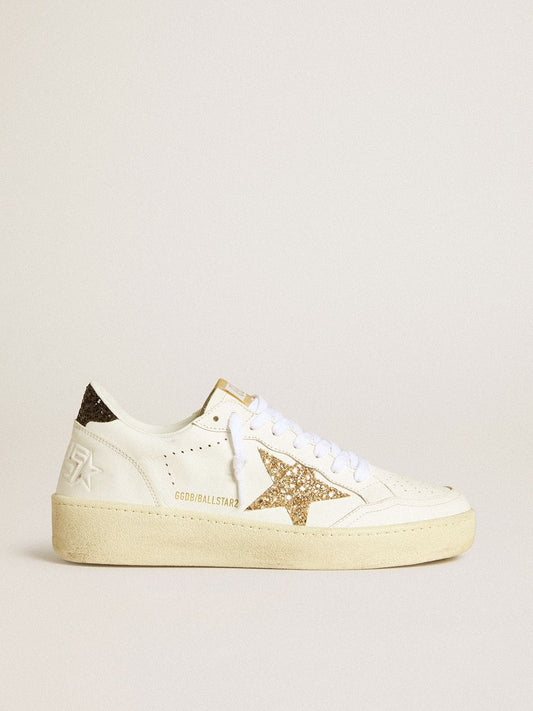 Women’s Ball Star in white leather with gold glitter star and black glitter heel tab - Golden Goose Women