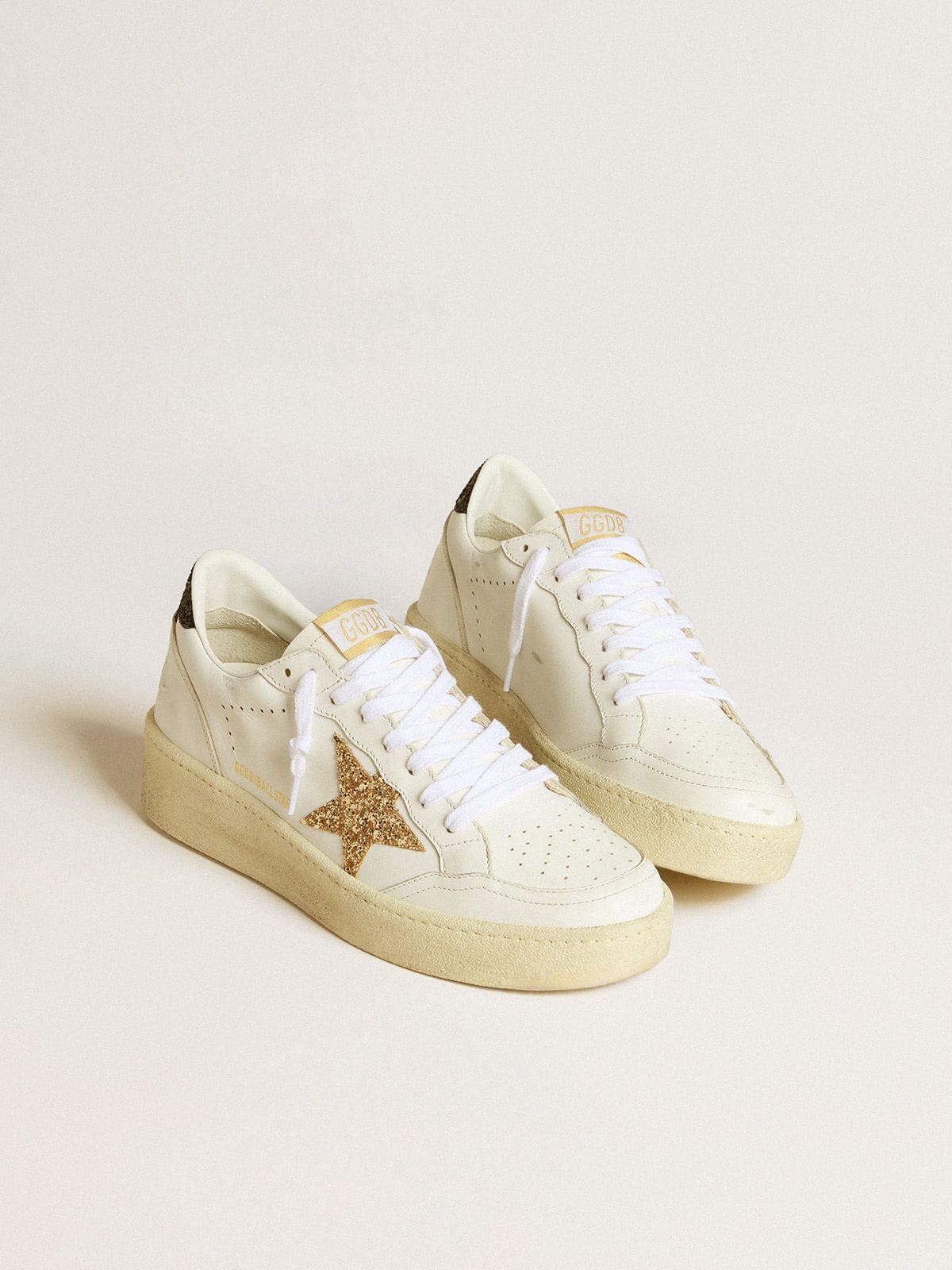 Women’s Ball Star in white leather with gold glitter star and black glitter heel tab - Golden Goose Women