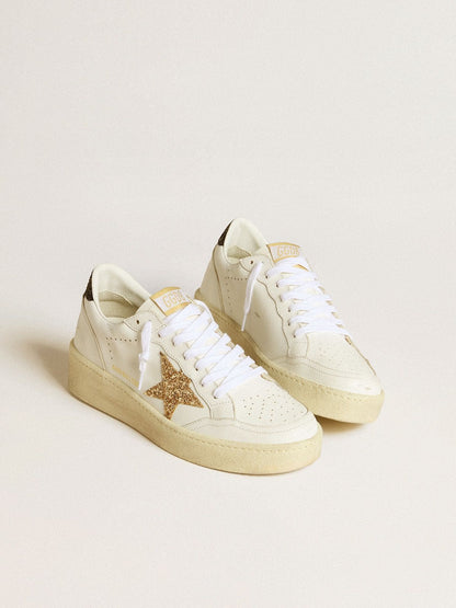 Women’s Ball Star in white leather with gold glitter star and black glitter heel tab - Golden Goose Women