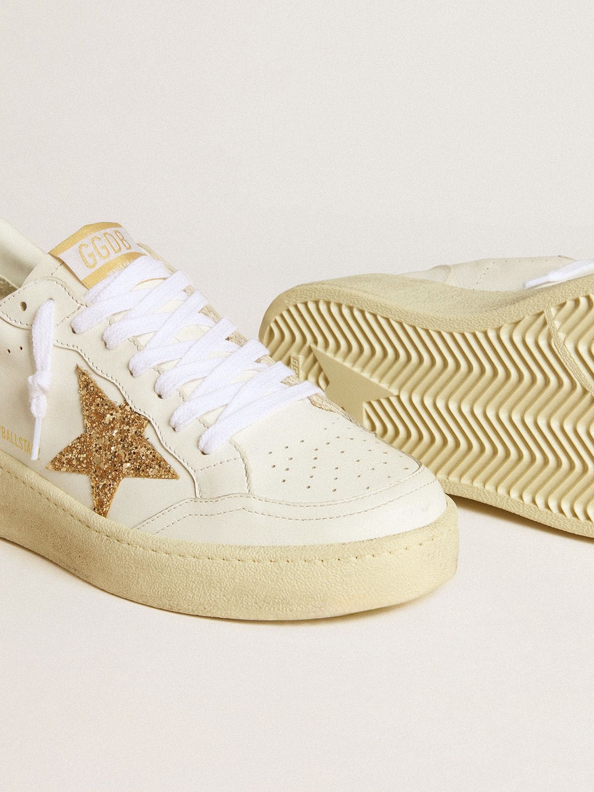 Women’s Ball Star in white leather with gold glitter star and black glitter heel tab - Golden Goose Women