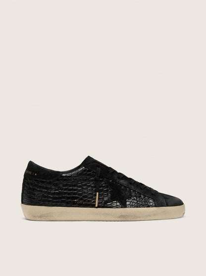 Women's Super-Star LTD in black croc-print leather with black suede star and heel tab - Golden Goose Women