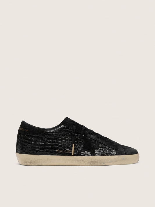 Women's Super-Star LTD in black croc-print leather with black suede star and heel tab - Golden Goose Women
