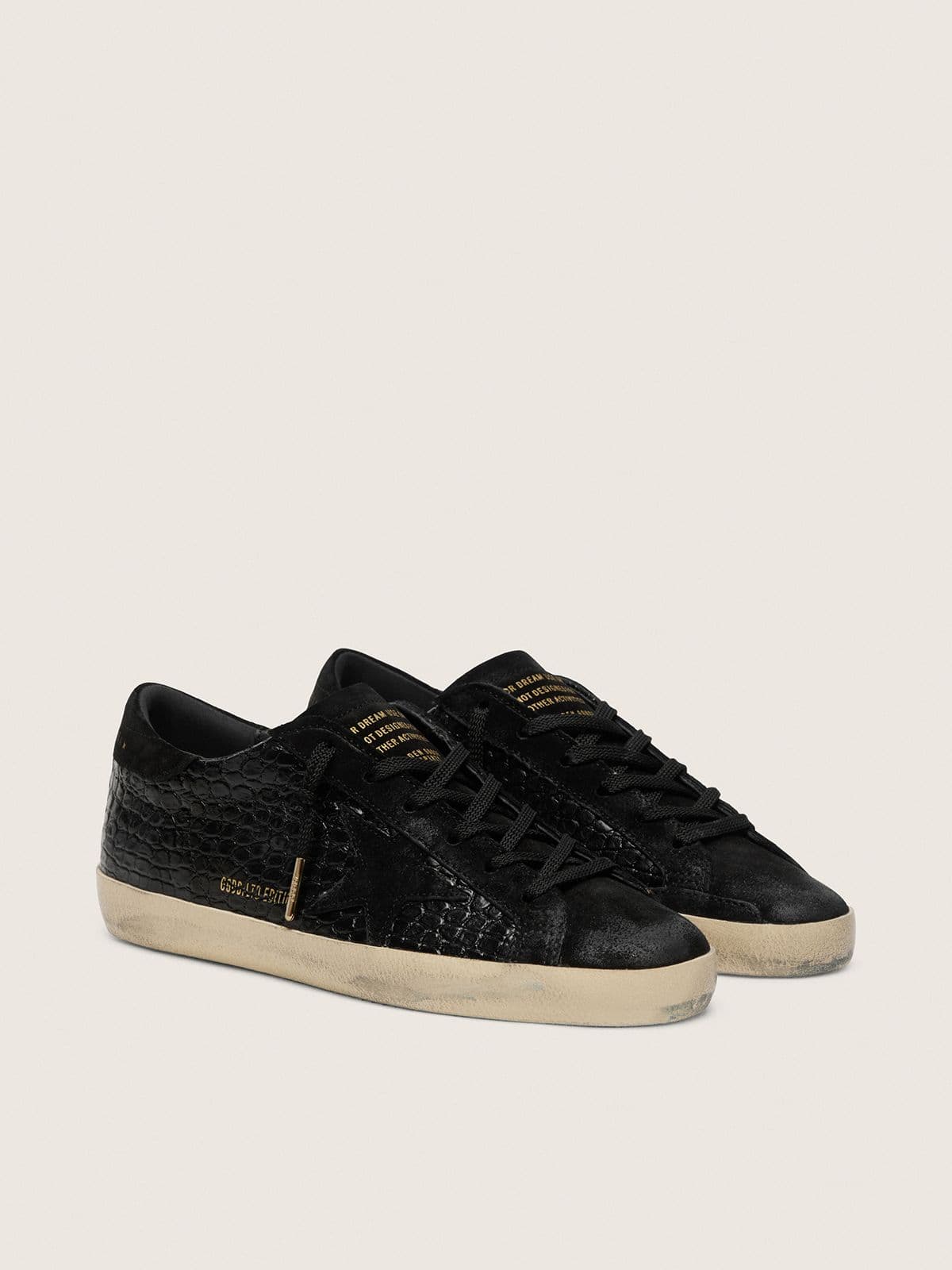 Women's Super-Star LTD in black croc-print leather with black suede star and heel tab - Golden Goose Women