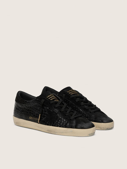 Women's Super-Star LTD in black croc-print leather with black suede star and heel tab - Golden Goose Women