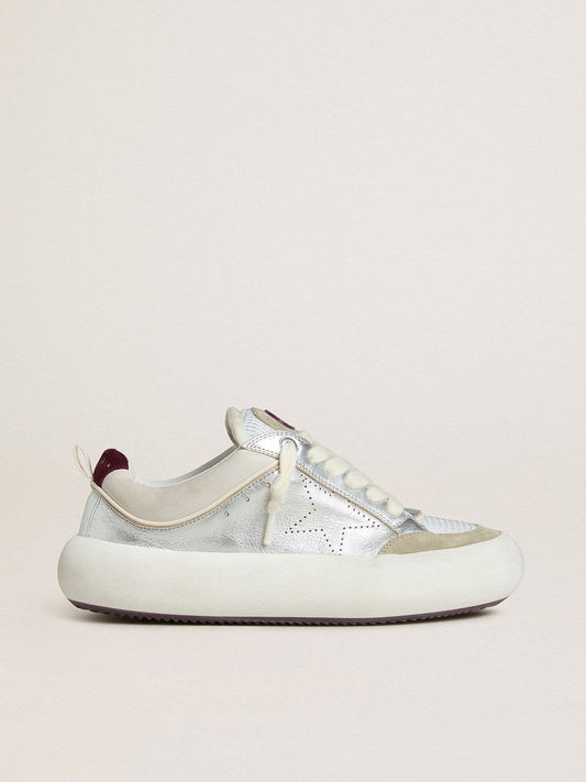 Women’s Space-Star Cube in ice-gray and silver leather with burgundy heel tab - Golden Goose Women