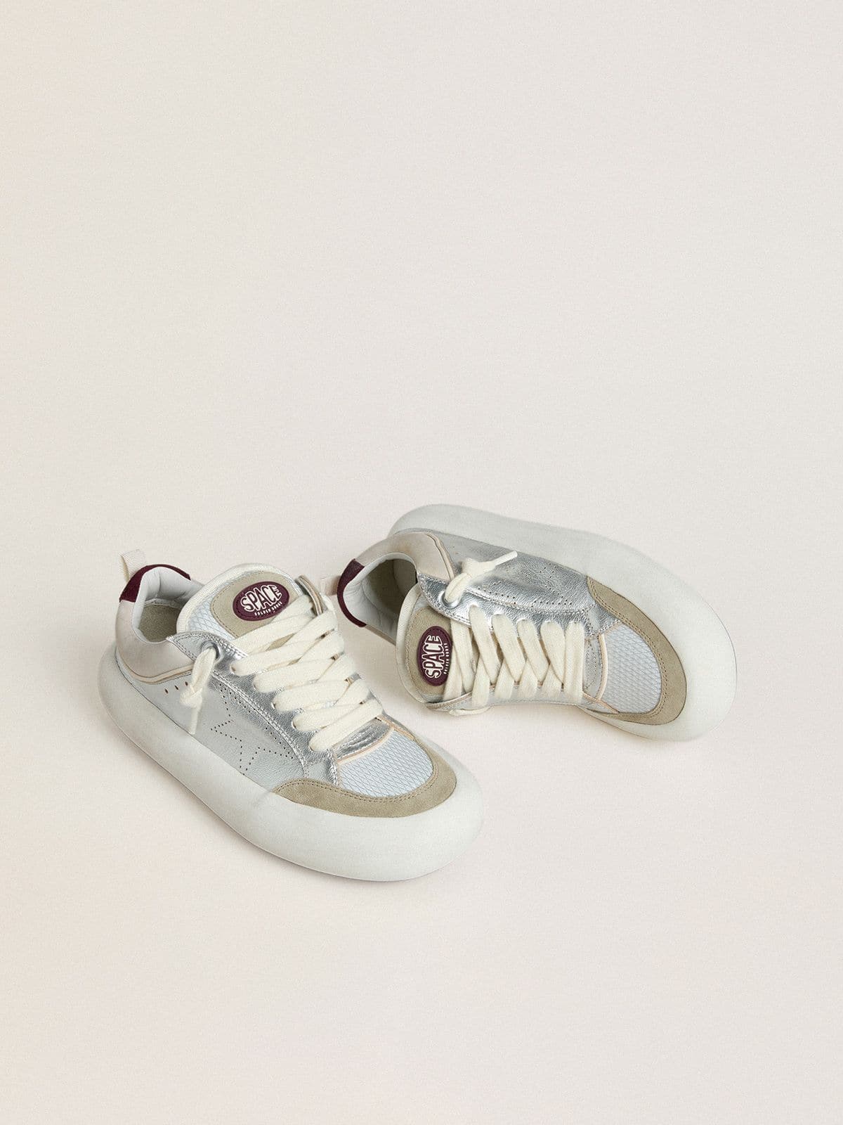 Women’s Space-Star Cube in ice-gray and silver leather with burgundy heel tab - Golden Goose Women