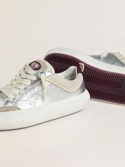 Women’s Space-Star Cube in ice-gray and silver leather with burgundy heel tab - Golden Goose Women