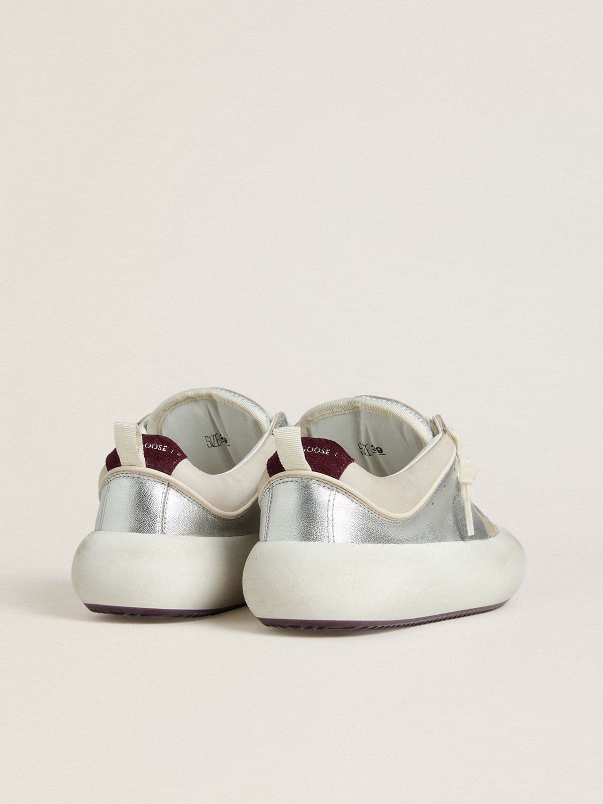 Women’s Space-Star Cube in ice-gray and silver leather with burgundy heel tab - Golden Goose Women