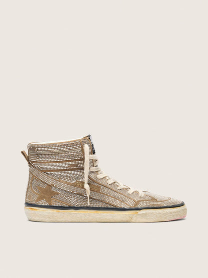 Women's Slide LAB sneakers in tobacco-colored suede with crystals and tobacco-colored suede star - Golden Goose Women