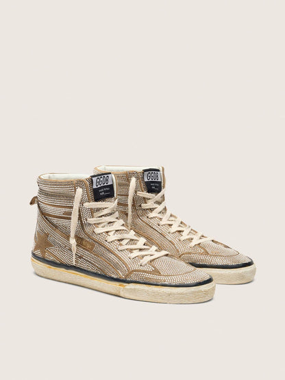 Women's Slide LAB sneakers in tobacco-colored suede with crystals and tobacco-colored suede star - Golden Goose Women
