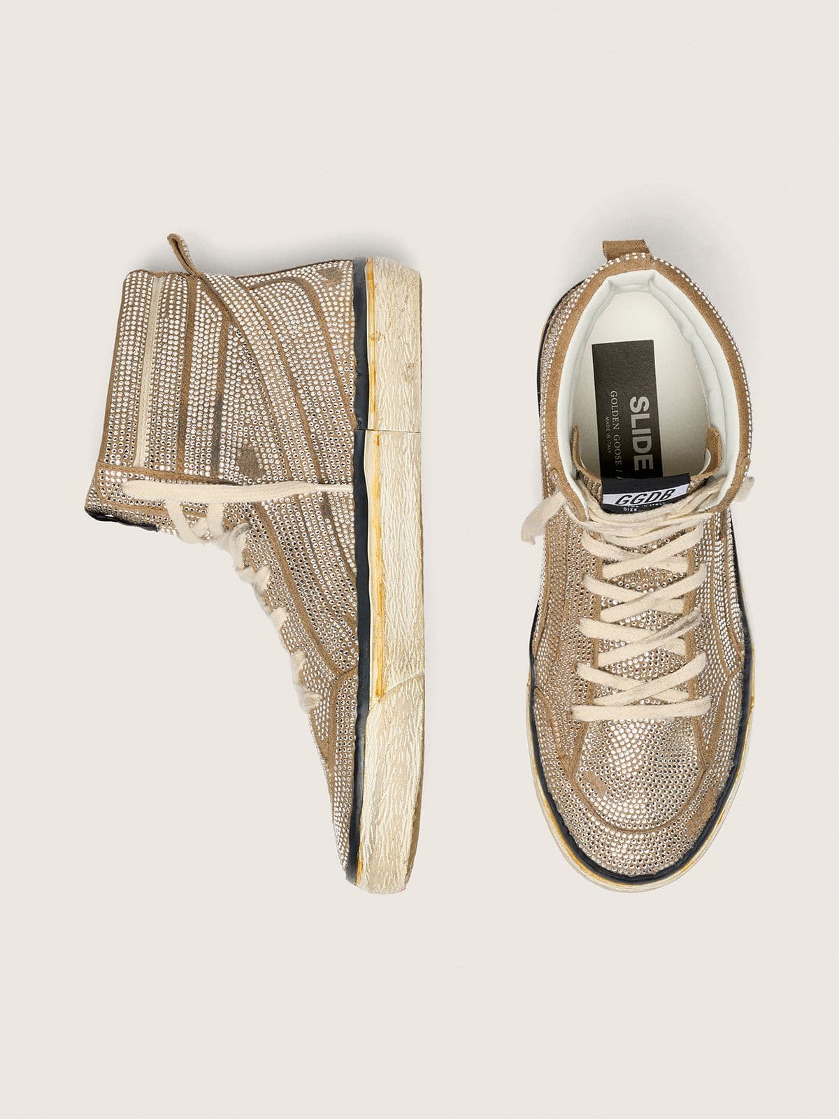 Women's Slide LAB sneakers in tobacco-colored suede with crystals and tobacco-colored suede star - Golden Goose Women
