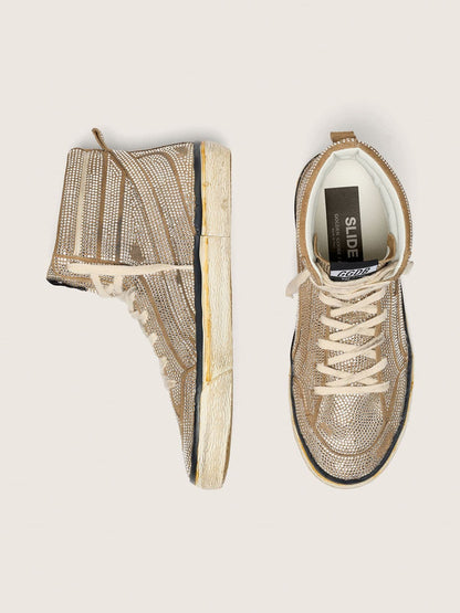 Women's Slide LAB sneakers in tobacco-colored suede with crystals and tobacco-colored suede star - Golden Goose Women