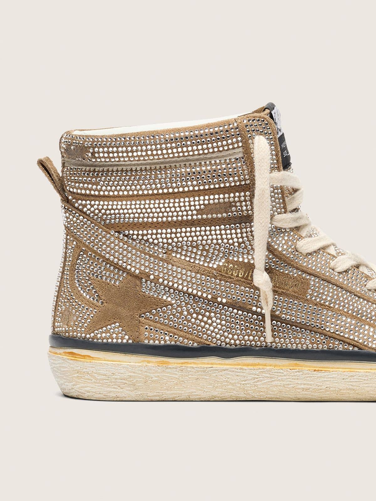 Women's Slide LAB sneakers in tobacco-colored suede with crystals and tobacco-colored suede star - Golden Goose Women