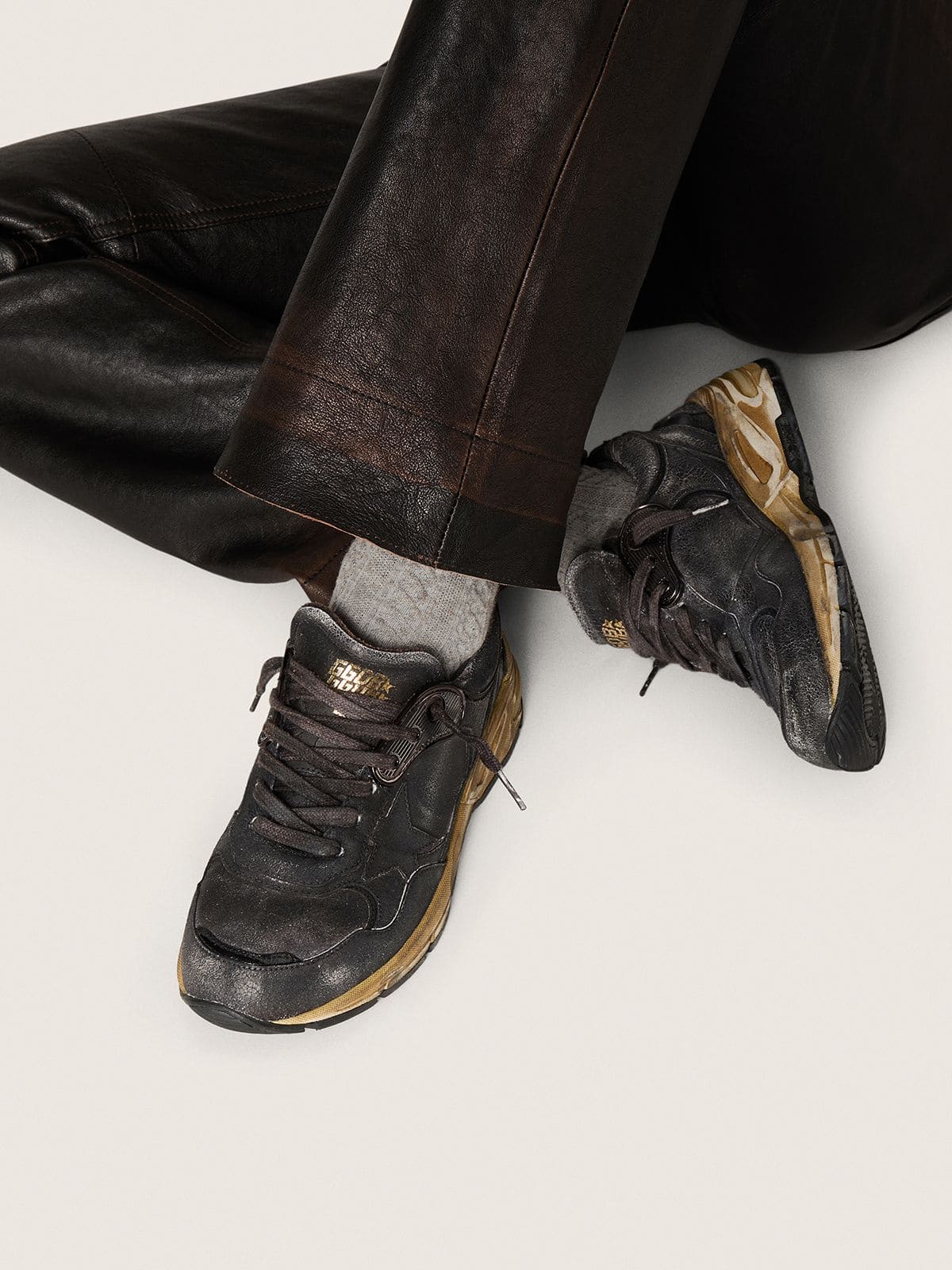 Women's Dad-Star in black naplak and crackle leather with black star and heel tab - Golden Goose Women