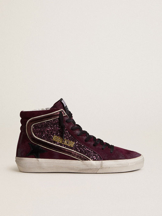 Women's Slide in black cherry glitter and suede with leather star and metallic leather flash - Golden Goose Women
