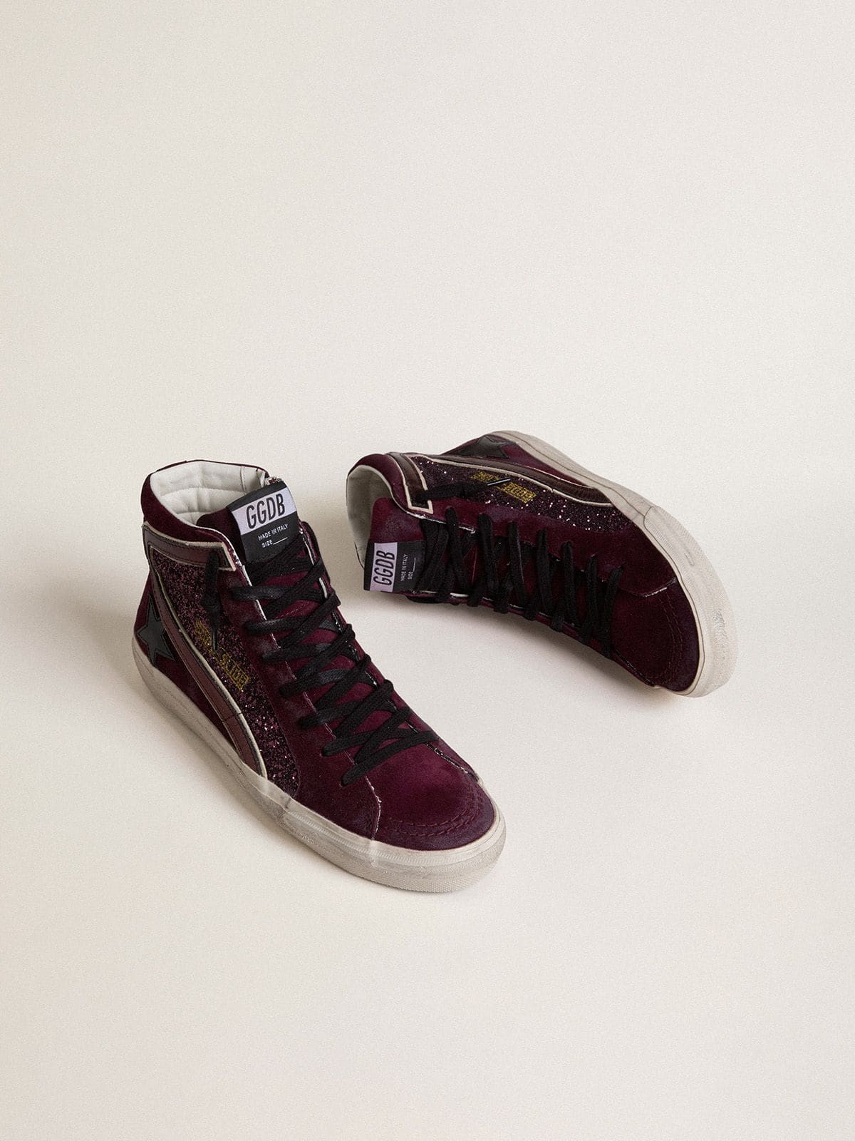 Women's Slide in black cherry glitter and suede with leather star and metallic leather flash - Golden Goose Women