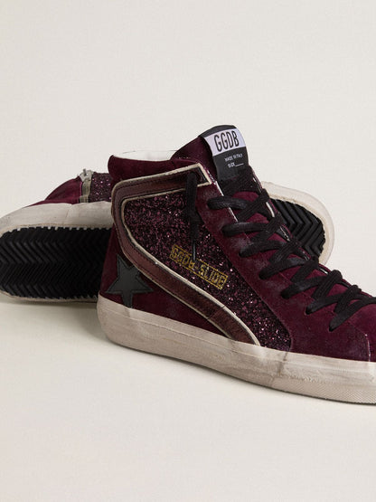 Women's Slide in black cherry glitter and suede with leather star and metallic leather flash - Golden Goose Women