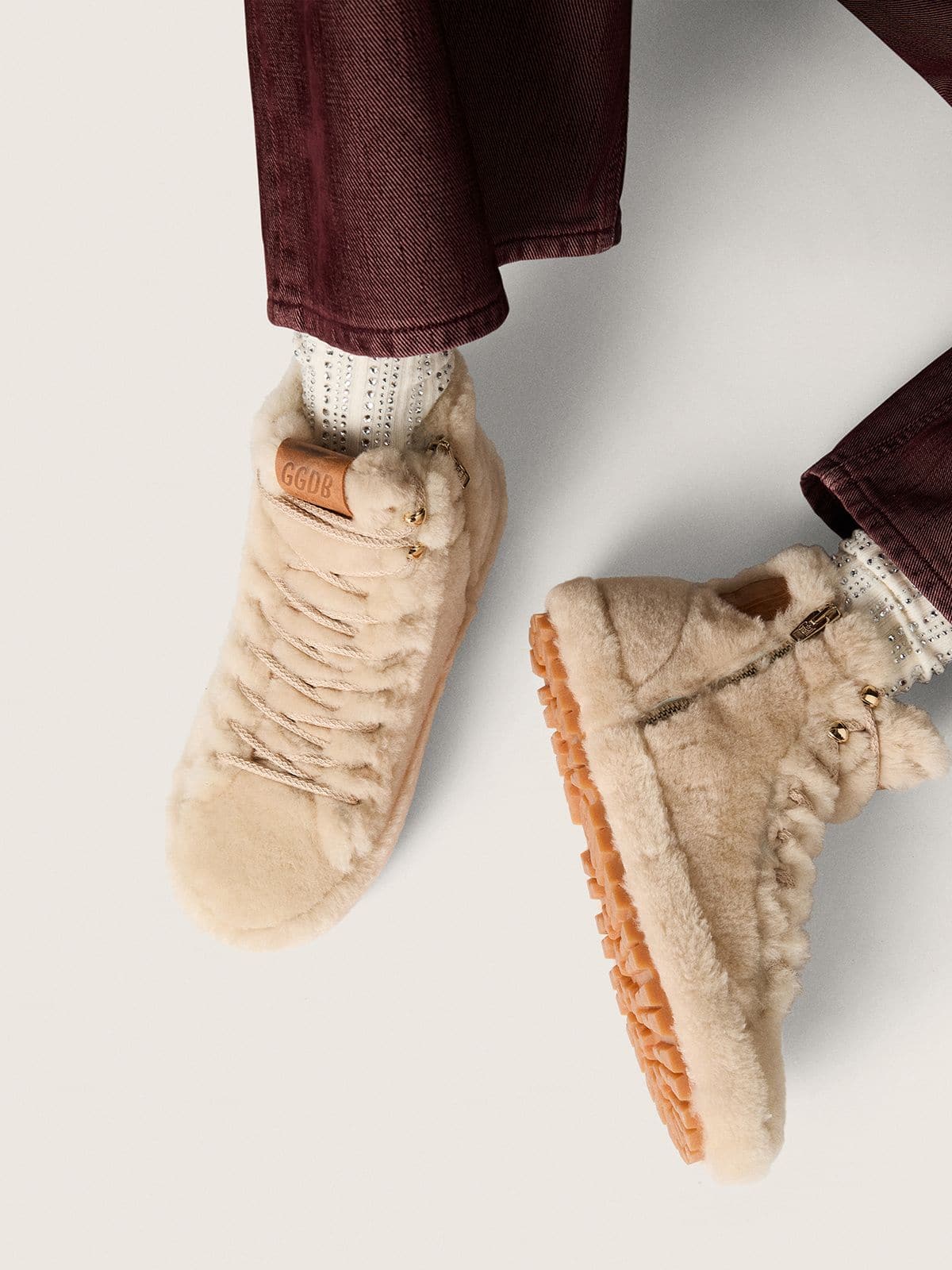 Women's Francy in beige shearling with brown leather star - Golden Goose Women