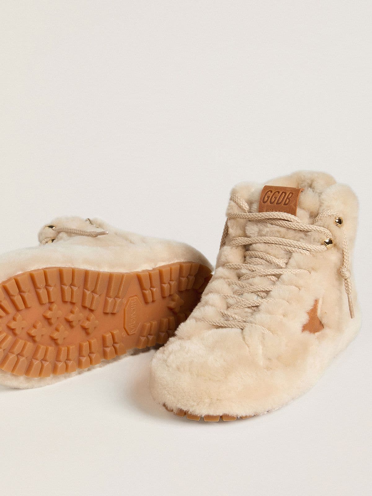 Women's Francy in beige shearling with brown leather star - Golden Goose Women