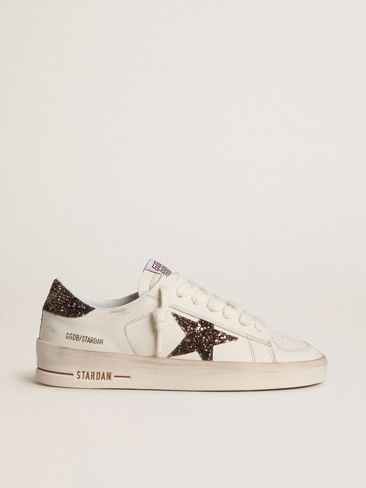 Women's Stardan in white leather with brown glitter star and heel tab - Golden Goose Women