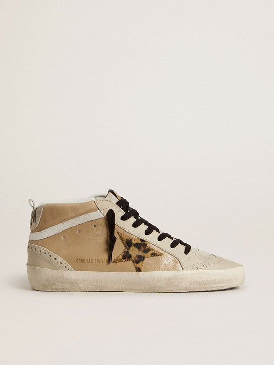 Women’s Mid Star in beige naplak leather with leopard-print pony skin star - Golden Goose Women