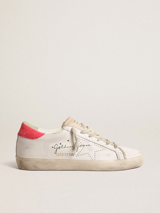 Women's white leather Super-Star with perforated star and fuchsia nylon heel tab - Golden Goose Women
