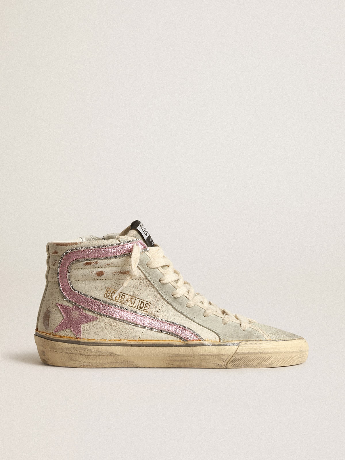 Slide  in beige with pink metallic leather star and flash - Golden Goose Women