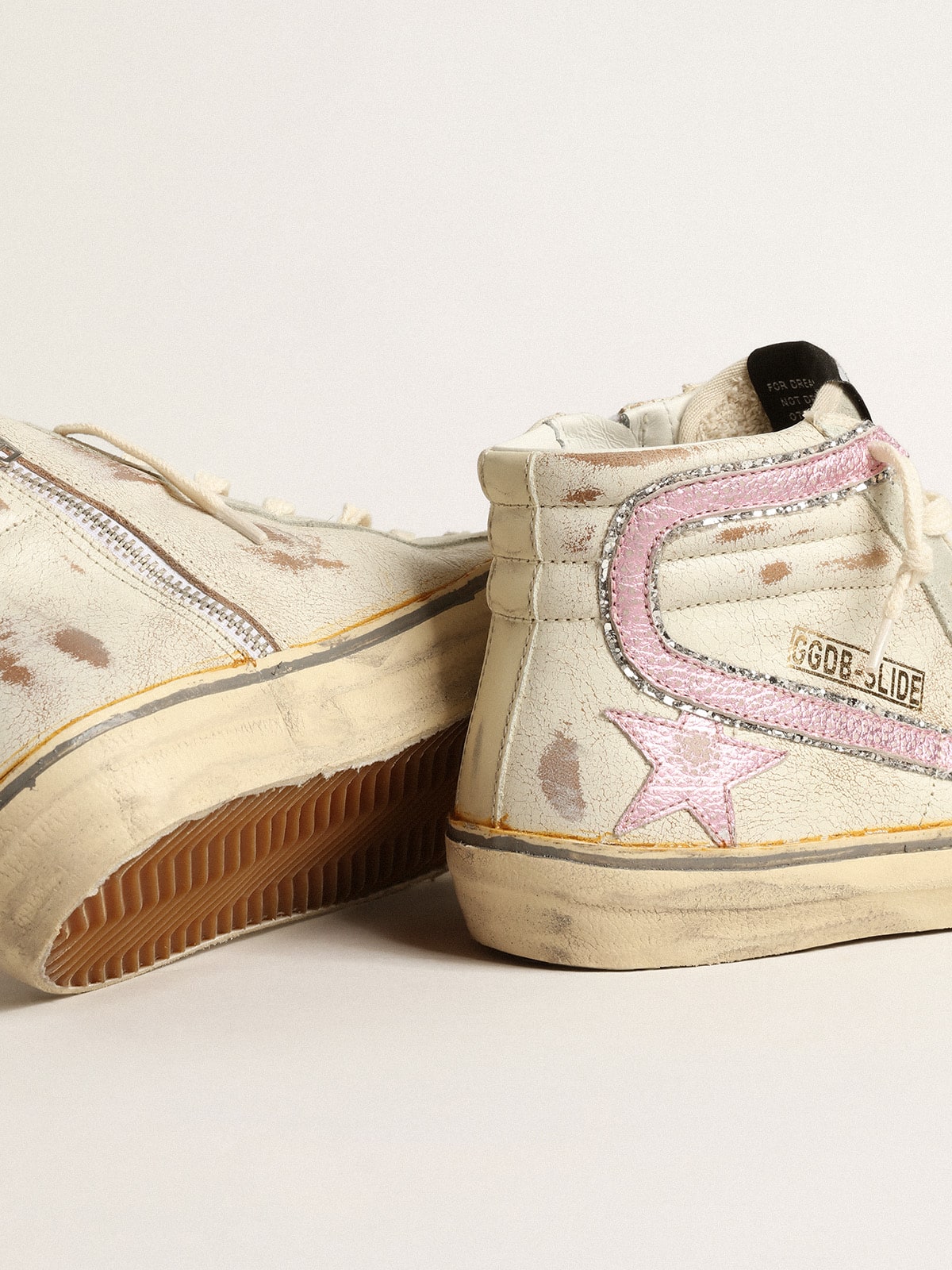 Slide  in beige with pink metallic leather star and flash - Golden Goose Women