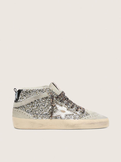 Mid Star  in silver glitter with silver metallic leather star - Golden Goose Women