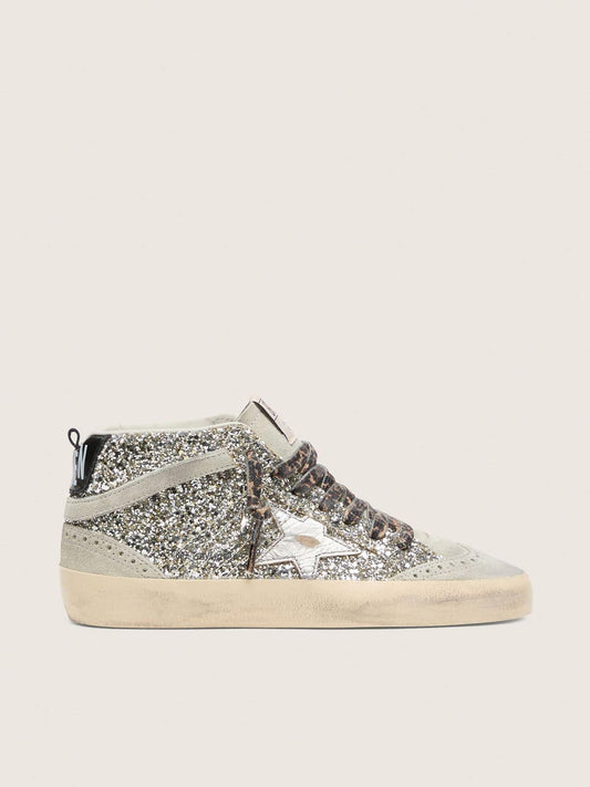 Mid Star  in silver glitter with silver metallic leather star - Golden Goose Women