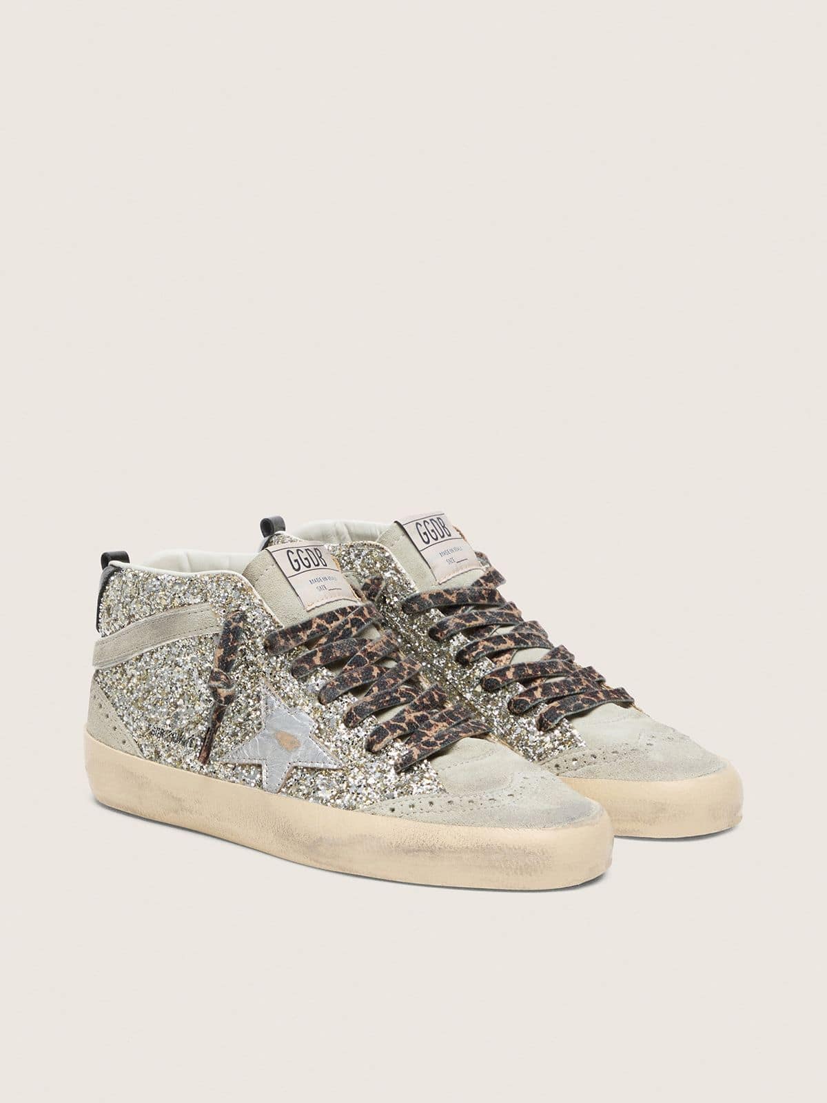 Mid Star  in silver glitter with silver metallic leather star - Golden Goose Women