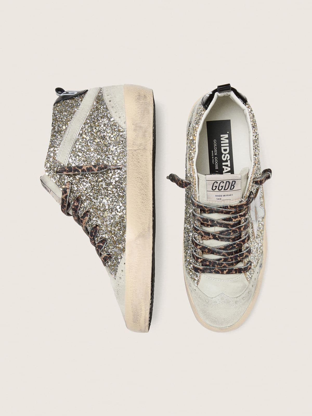 Mid Star  in silver glitter with silver metallic leather star - Golden Goose Women