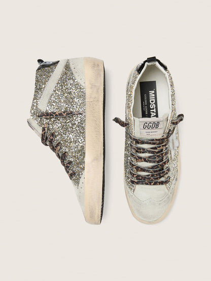 Mid Star  in silver glitter with silver metallic leather star - Golden Goose Women