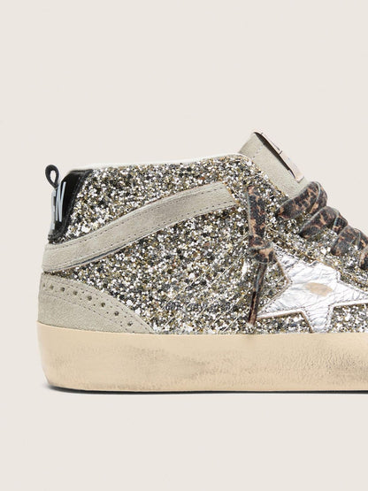 Mid Star  in silver glitter with silver metallic leather star - Golden Goose Women