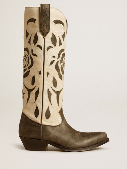 Wish Star boots in black and white leather with inlay rose and star - Golden Goose Women