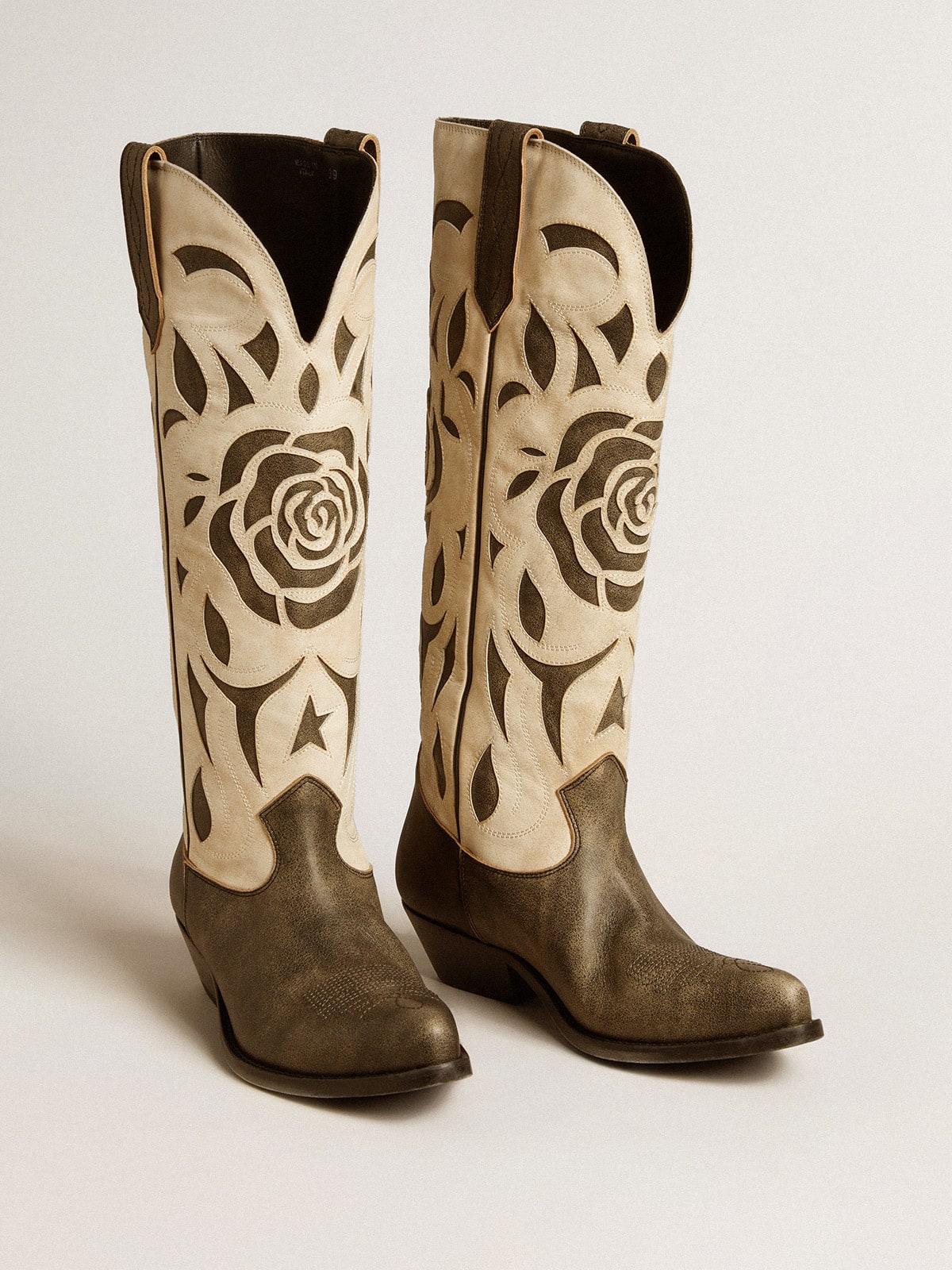 Wish Star boots in black and white leather with inlay rose and star - Golden Goose Women
