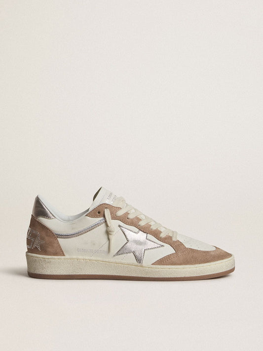 Ball Star LTD in white nappa leather and old rose suede with metallic silver leather star and heel tab - Golden Goose Women