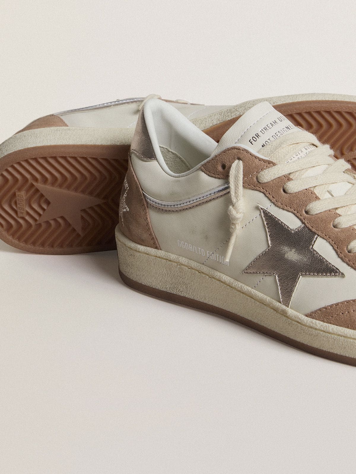 Ball Star LTD in white nappa leather and old rose suede with metallic silver leather star and heel tab - Golden Goose Women