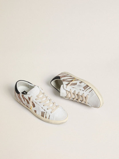 Women’s Super-Star LTD in white pony skin with brown glitter and white suede star - Golden Goose Women