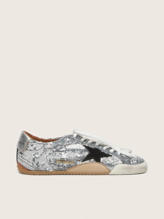 Women's True-Star in silver sequins with black star and silver leather heel tab - Golden Goose Women