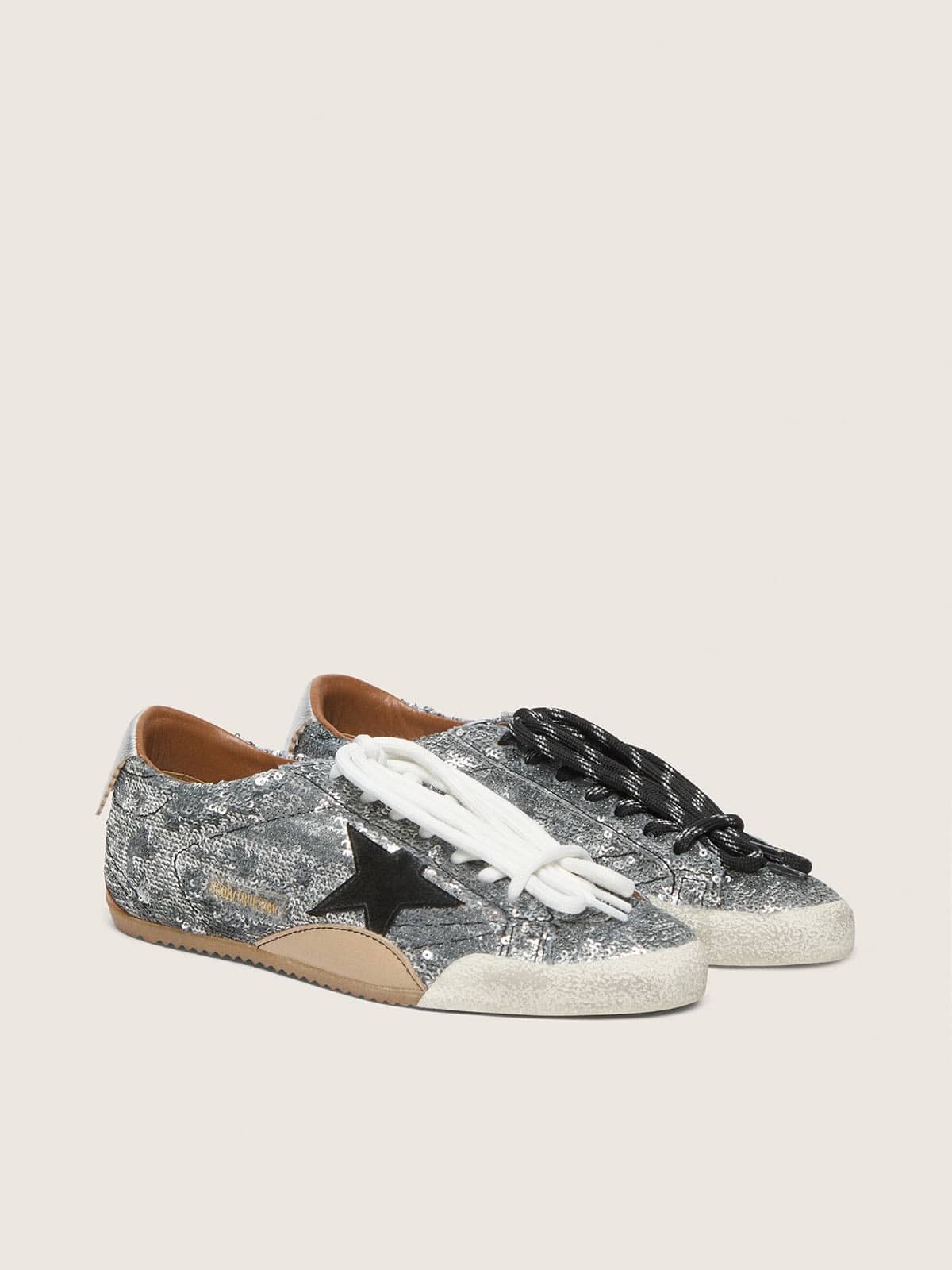 Women's True-Star in silver sequins with black star and silver leather heel tab - Golden Goose Women