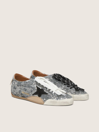 Women's True-Star in silver sequins with black star and silver leather heel tab - Golden Goose Women