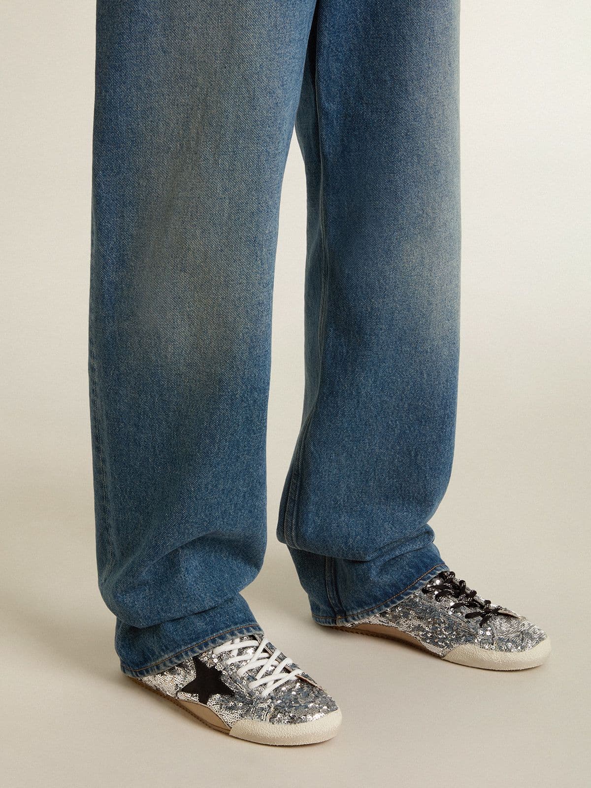 Women's True-Star in silver sequins with black star and silver leather heel tab - Golden Goose Women