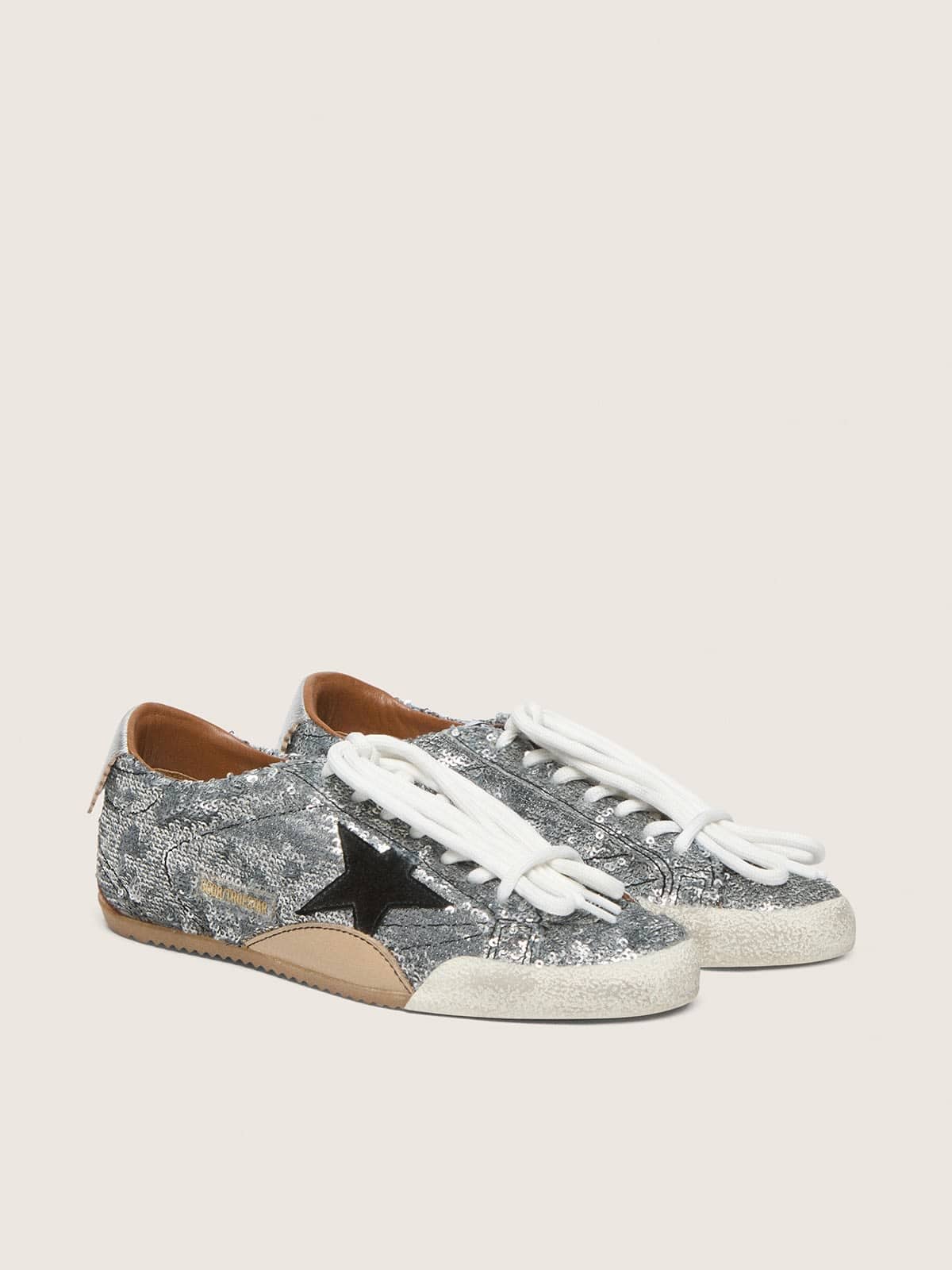 Women's True-Star in silver sequins with black star and silver leather heel tab - Golden Goose Women