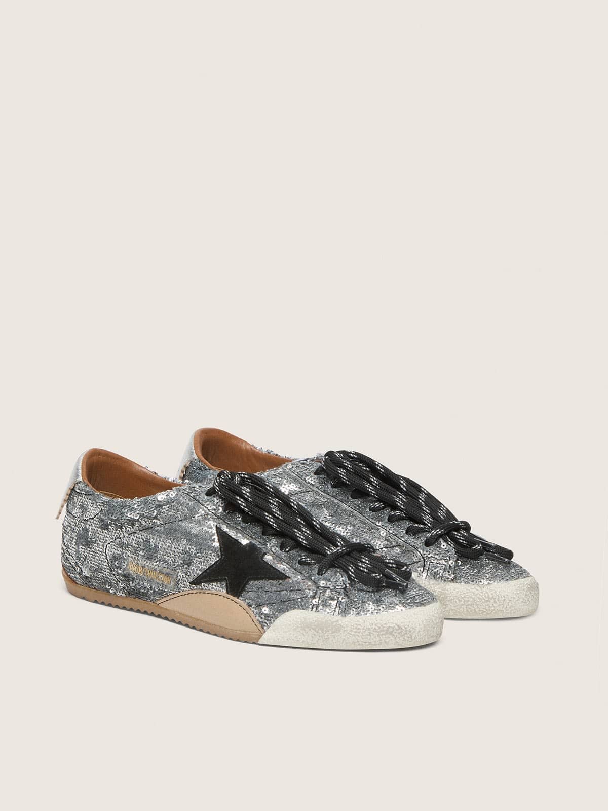 Women's True-Star in silver sequins with black star and silver leather heel tab - Golden Goose Women