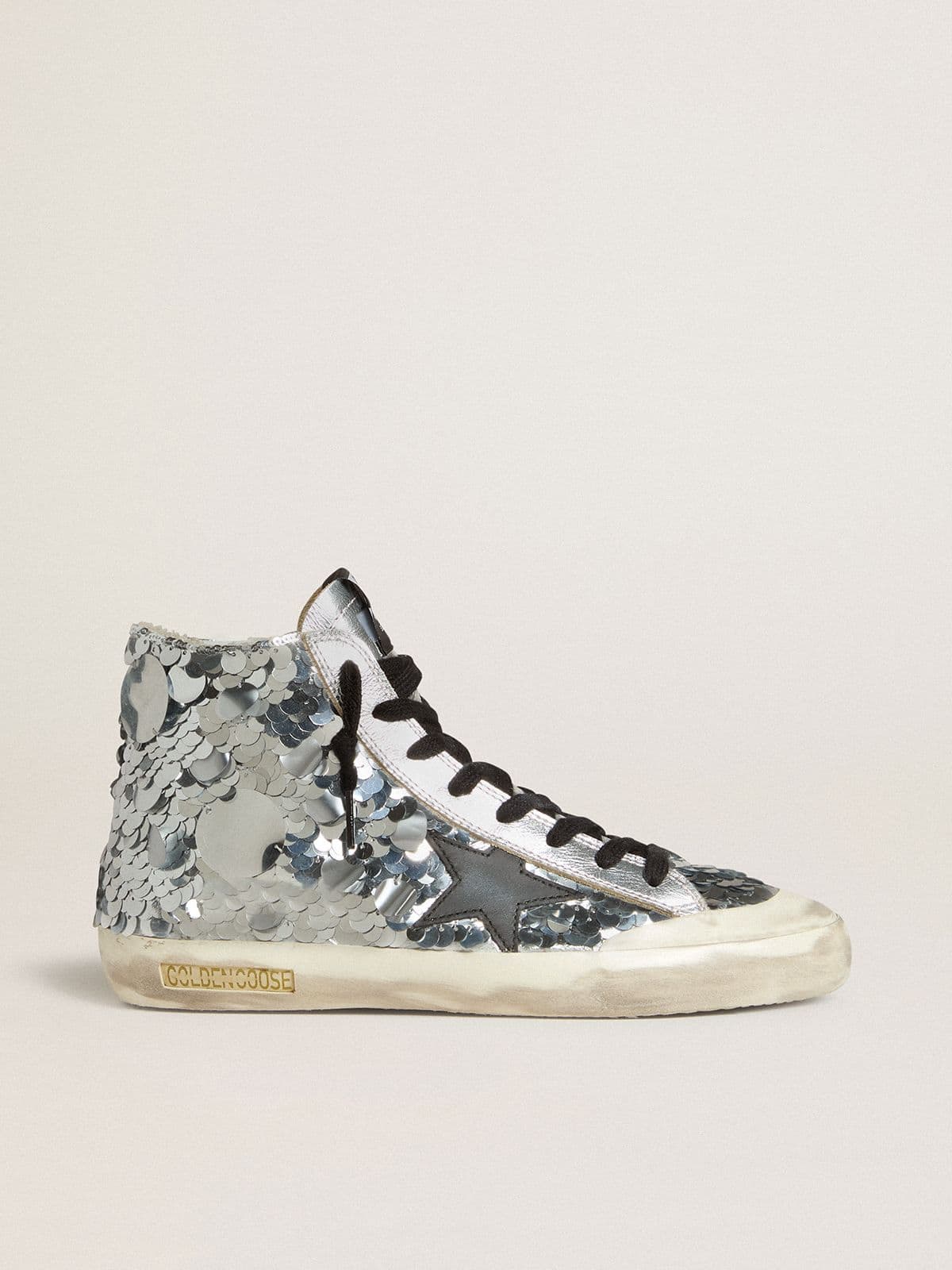 Women’s Francy in nylon with all-over silver sequins and black leather star - Golden Goose Women